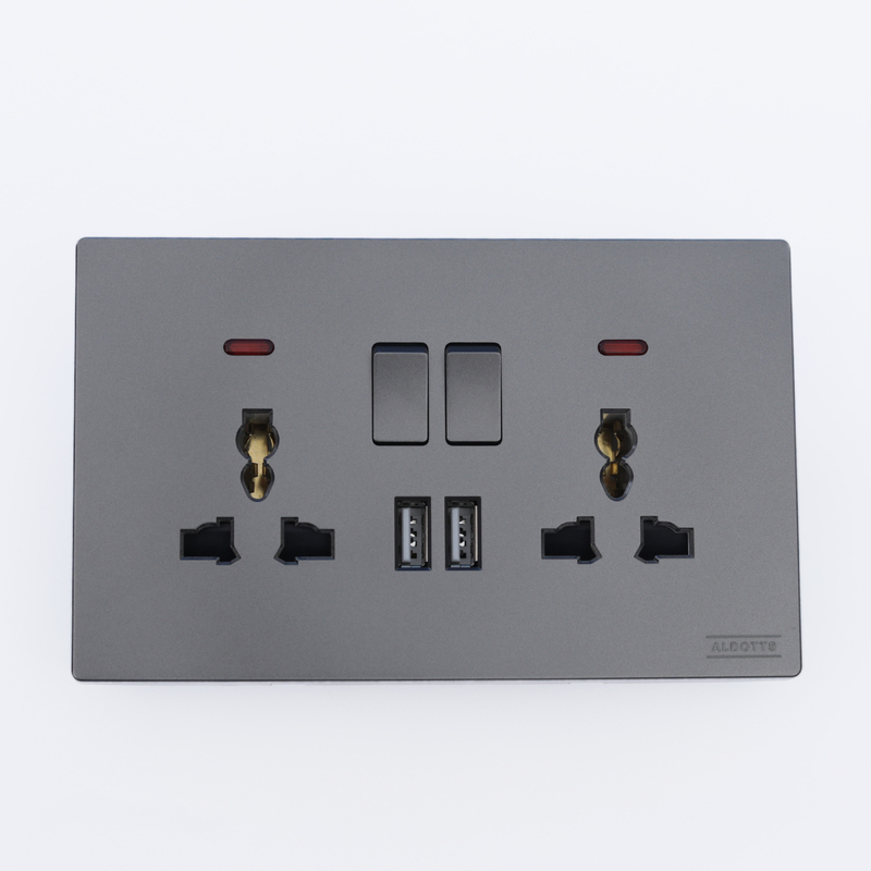 Double Universal Switch Socket With Neon Double USB Outlet - Grey