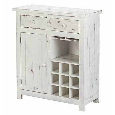 Distressed White Wine Bar Cabinet | Rustic Liquor Storage with Rack & Drawers