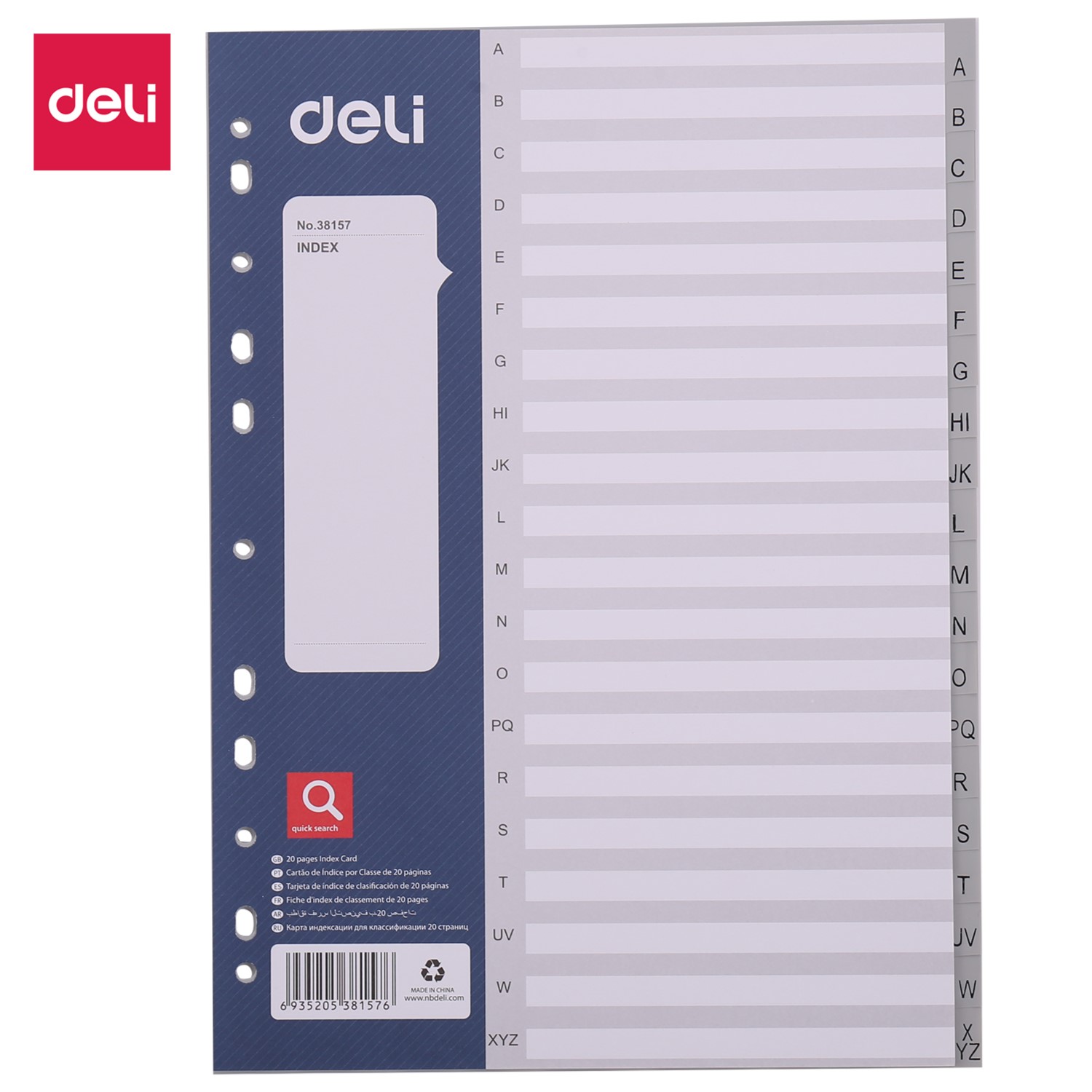 DELI E38157 FILE DIVIDER INDEX PVC GREY NOS. A-Z
