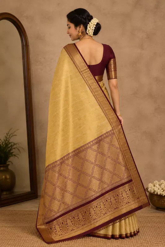 Cream Gold & Maroon Banarasi Silk