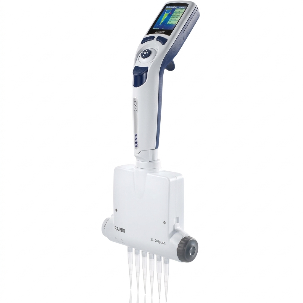Pipeta electrónica 6 canales, 100-1020 µL, autoclavable, espacios ajustables entre puntilla. Marca Rainin Mettler Toledo. Catálogo E6-1200XLS+R