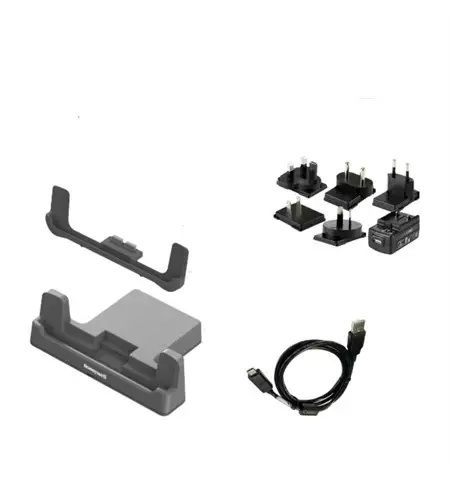 EDA10A single charging dock, kit includes: Dock, USB Cable, 5V 2A power adapter, and plugs for US,UK,AU,EU,IN.
