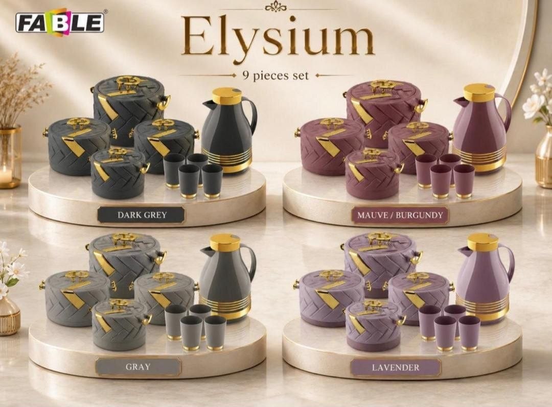 ELYSIUM 9 PIECES SET OF FOOD WARMERS, JUG. AND CUPS