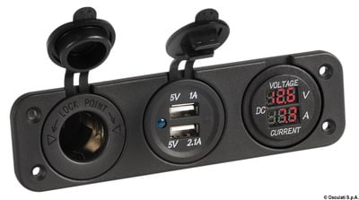 Digital voltmeter and ammeter, p. outlet 12V, USB