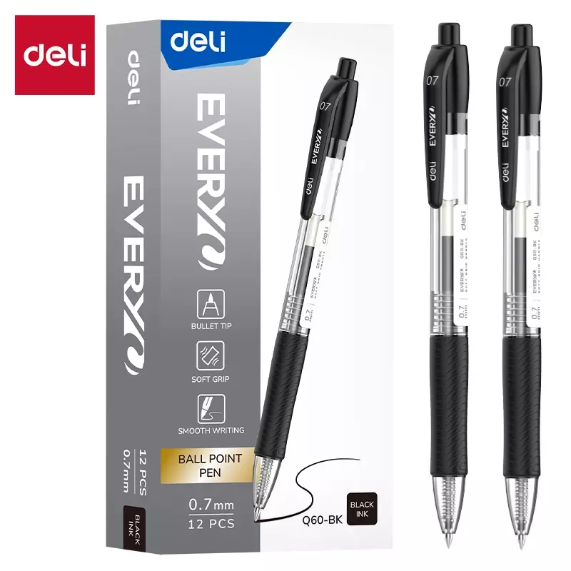DELI Q60-BK RETRACTABLE BALLPOINT PEN 0.7MM SOFT-GRIP BLACK