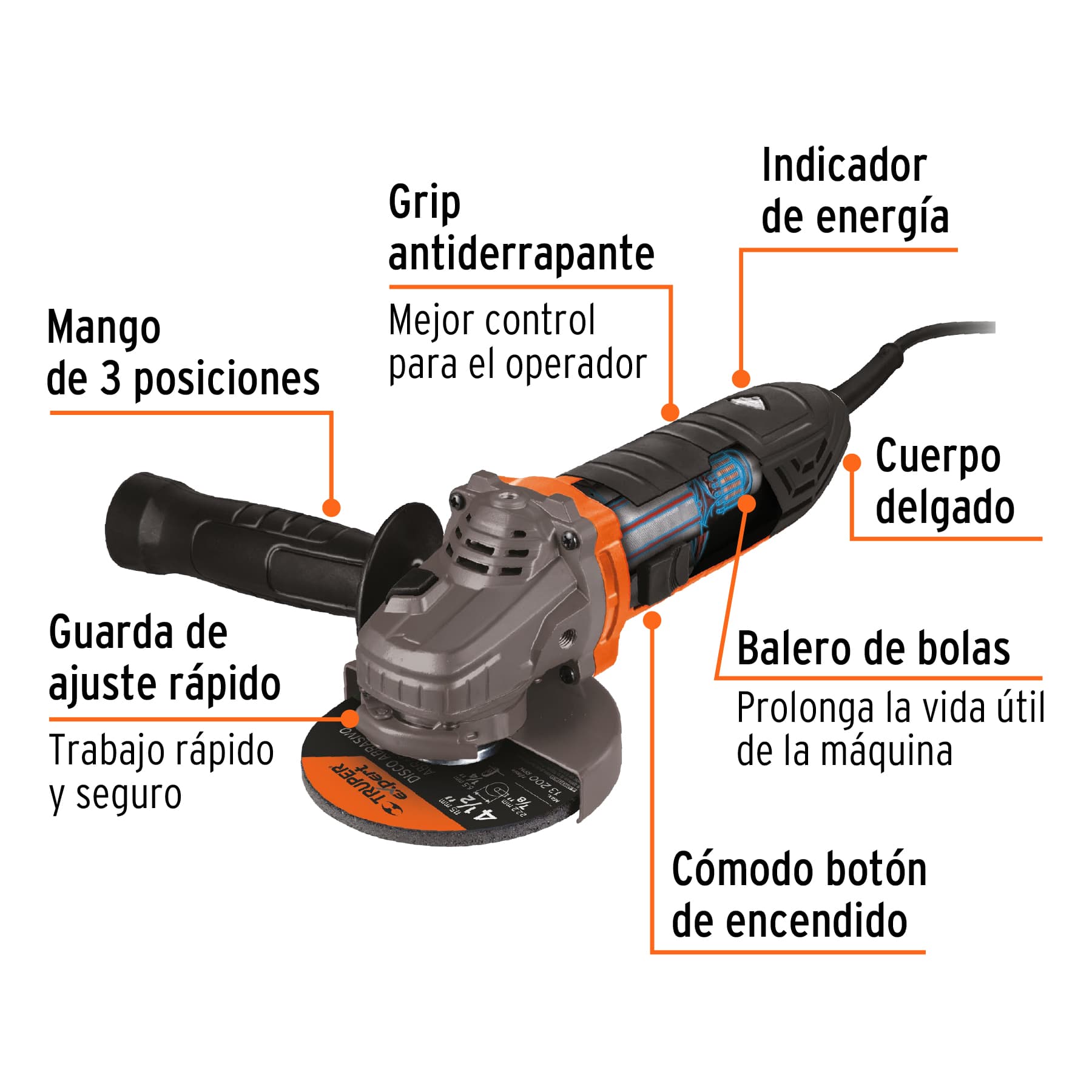 Esmeriladora angular 4-1/2' 850 W, ERGO-PRO, Truper - ERGO-4580 / 18156