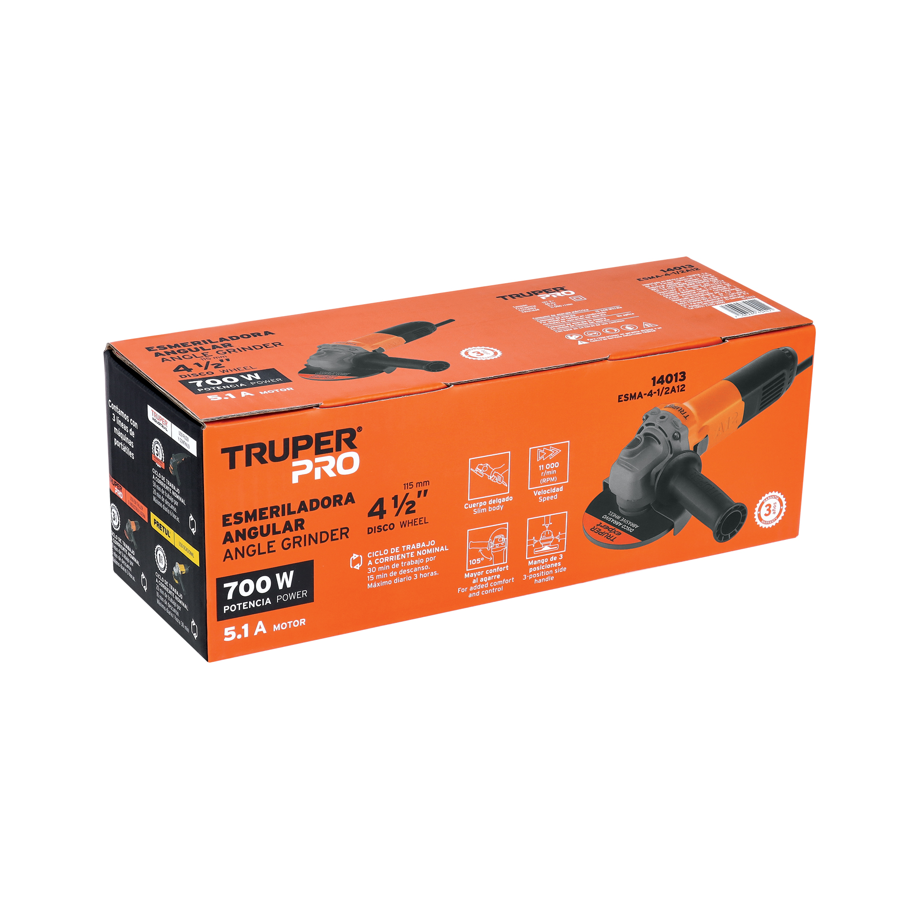 Esmeriladora angular 4-1/2' 700 W, profesional, Truper - ESMA-4-1/2A12 / 14013