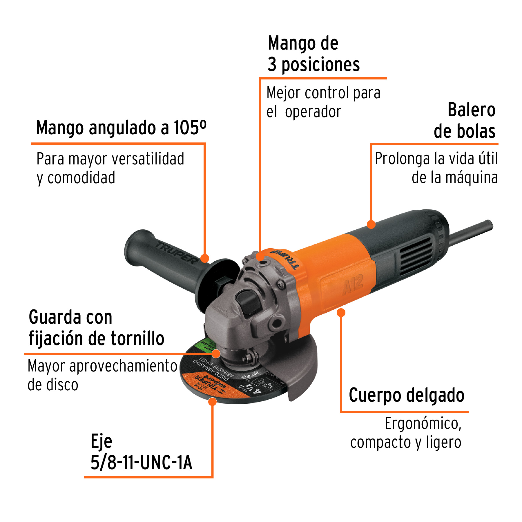 Esmeriladora angular 4-1/2' 700 W, profesional, Truper - ESMA-4-1/2A12 / 14013