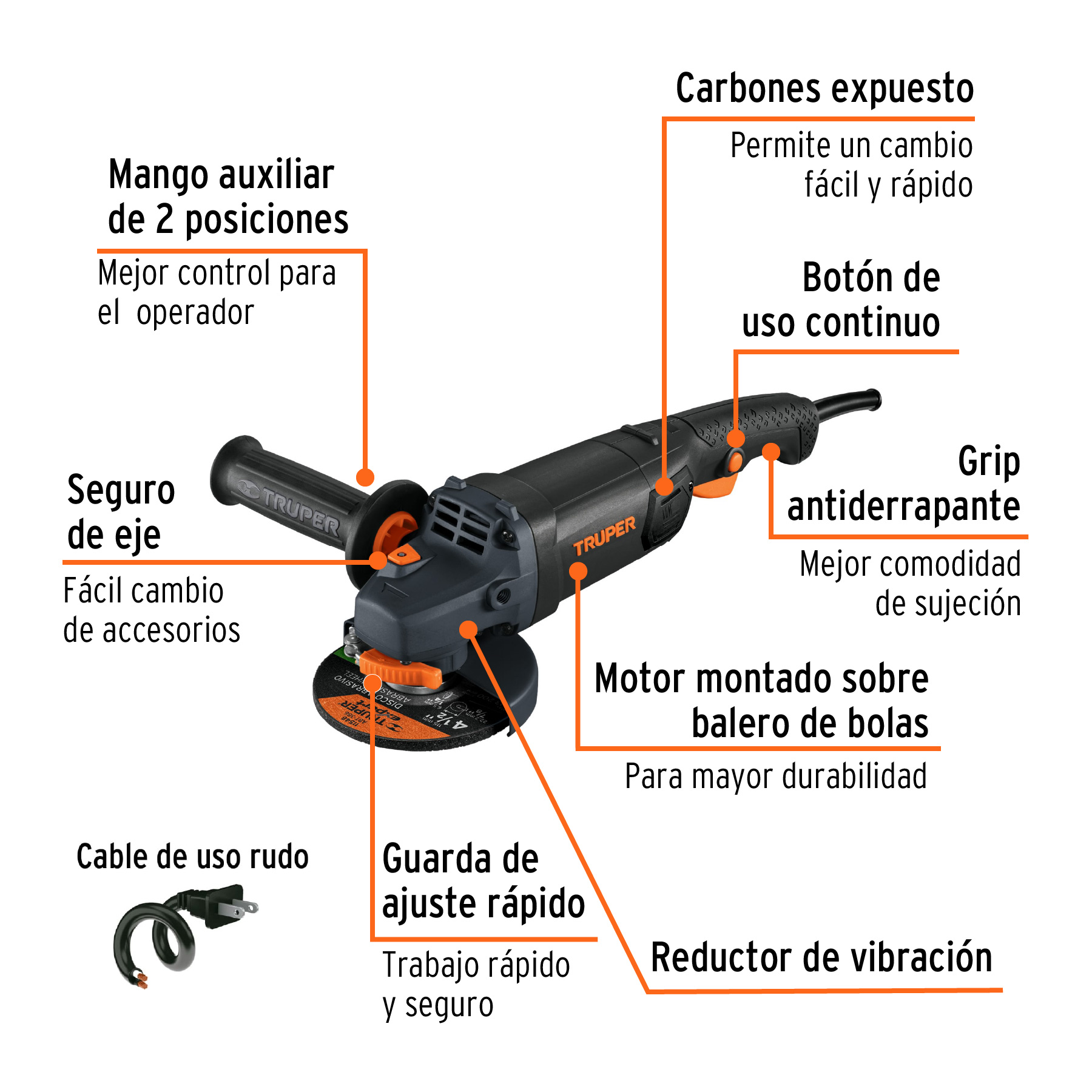 Esmeriladora angular 4-1/2' 1250 W, industrial, Truper - ESMA-4512N / 12873