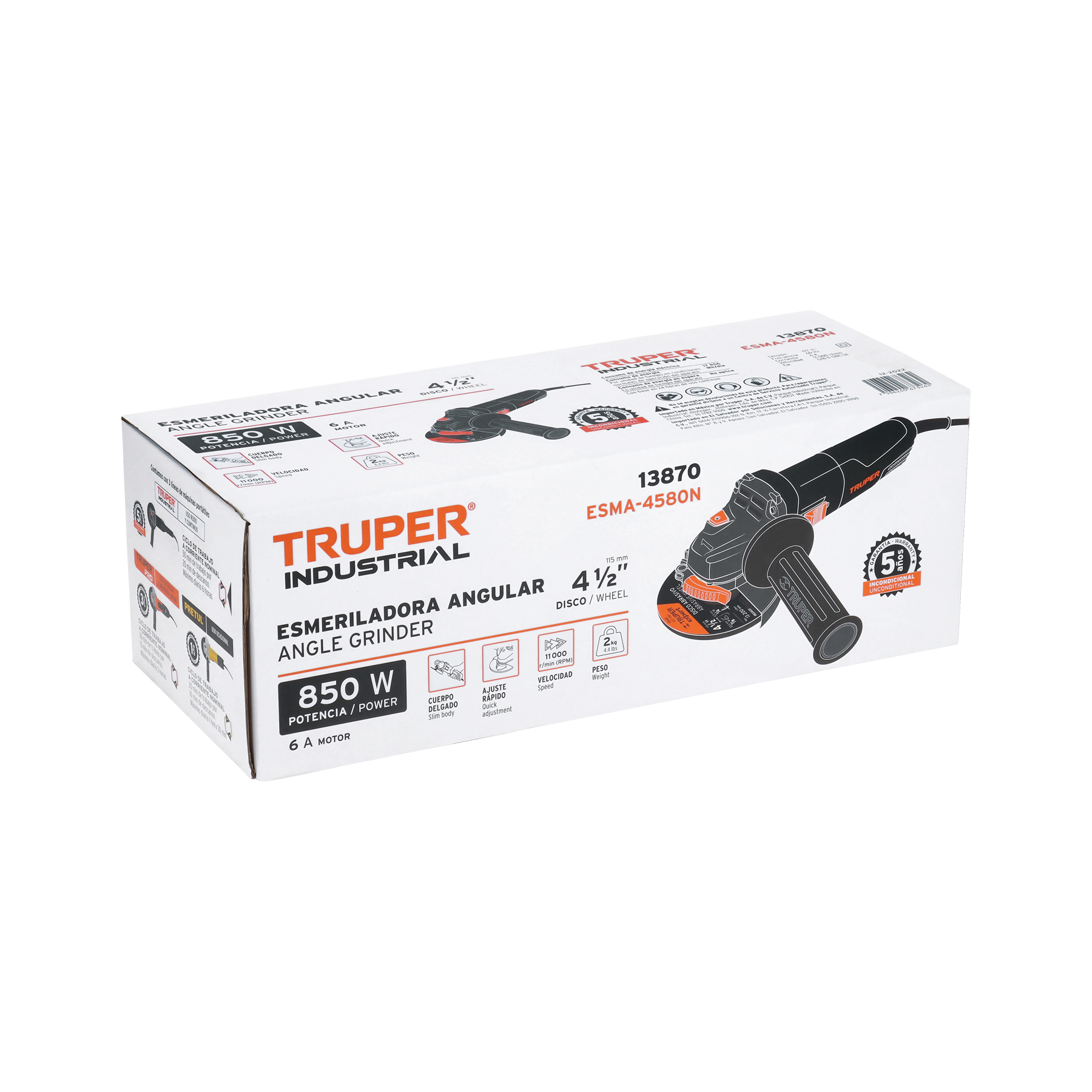 Esmeriladora angular 4-1/2' 850 W, industrial, Truper - ESMA-4580N / 13870