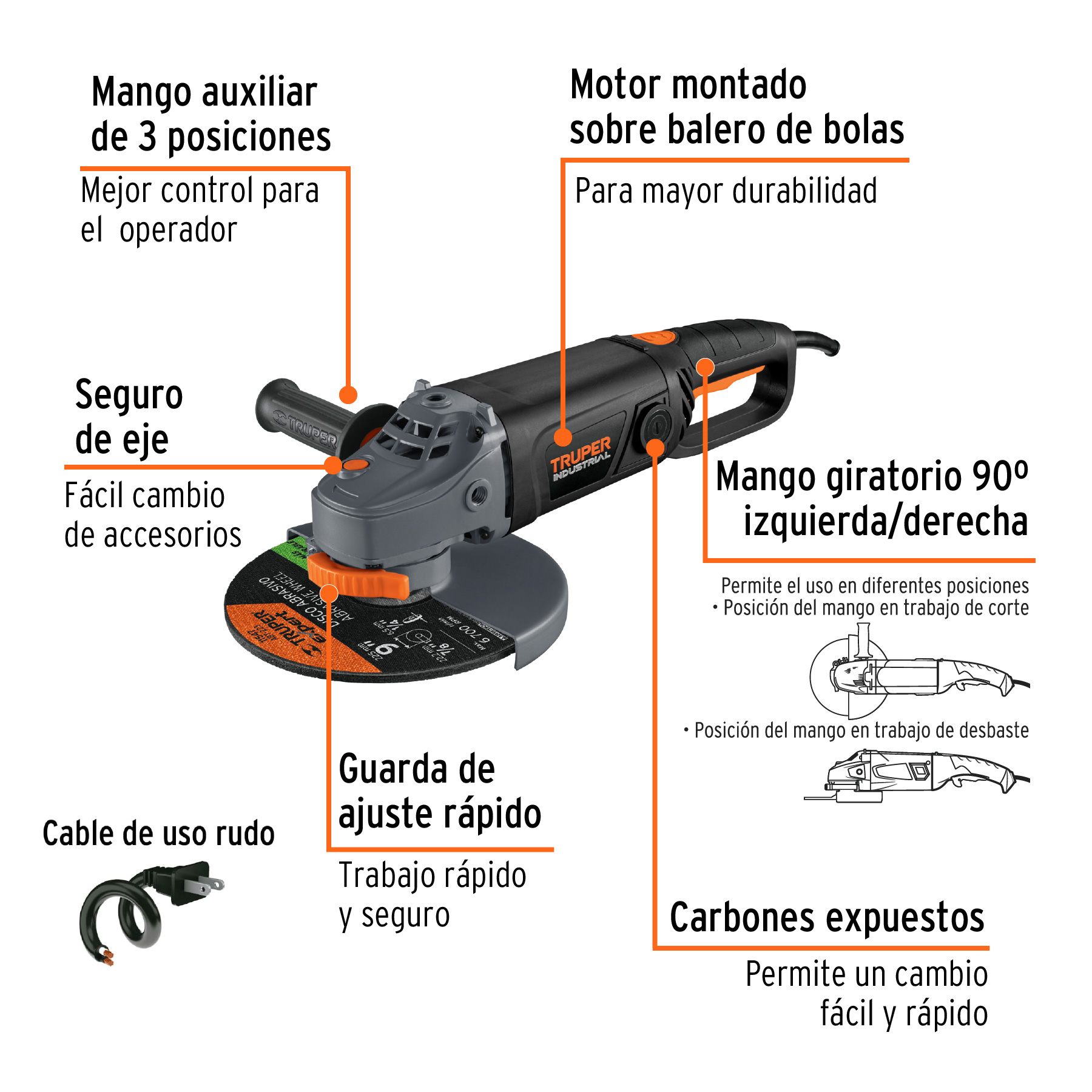 Esmeriladora angular 9' 2100 W, industrial, Truper - ESMA-9N3 / 12482