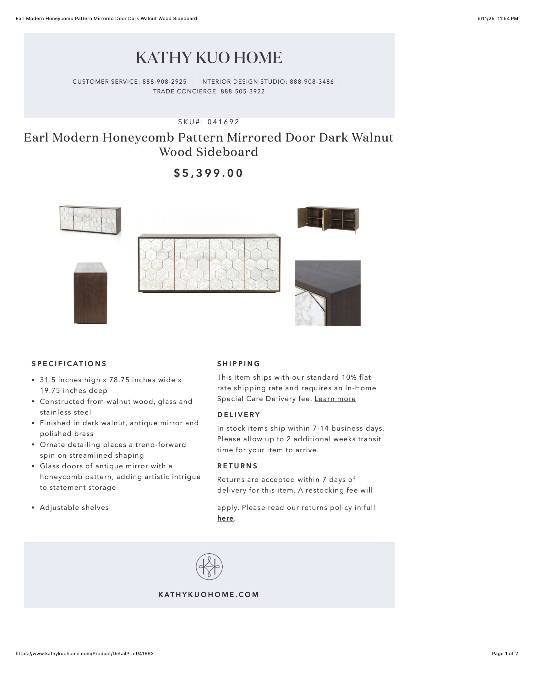 Earl Modern Honeycomb Pattern Mirrored Door Dark Walnut Wood Sideboard