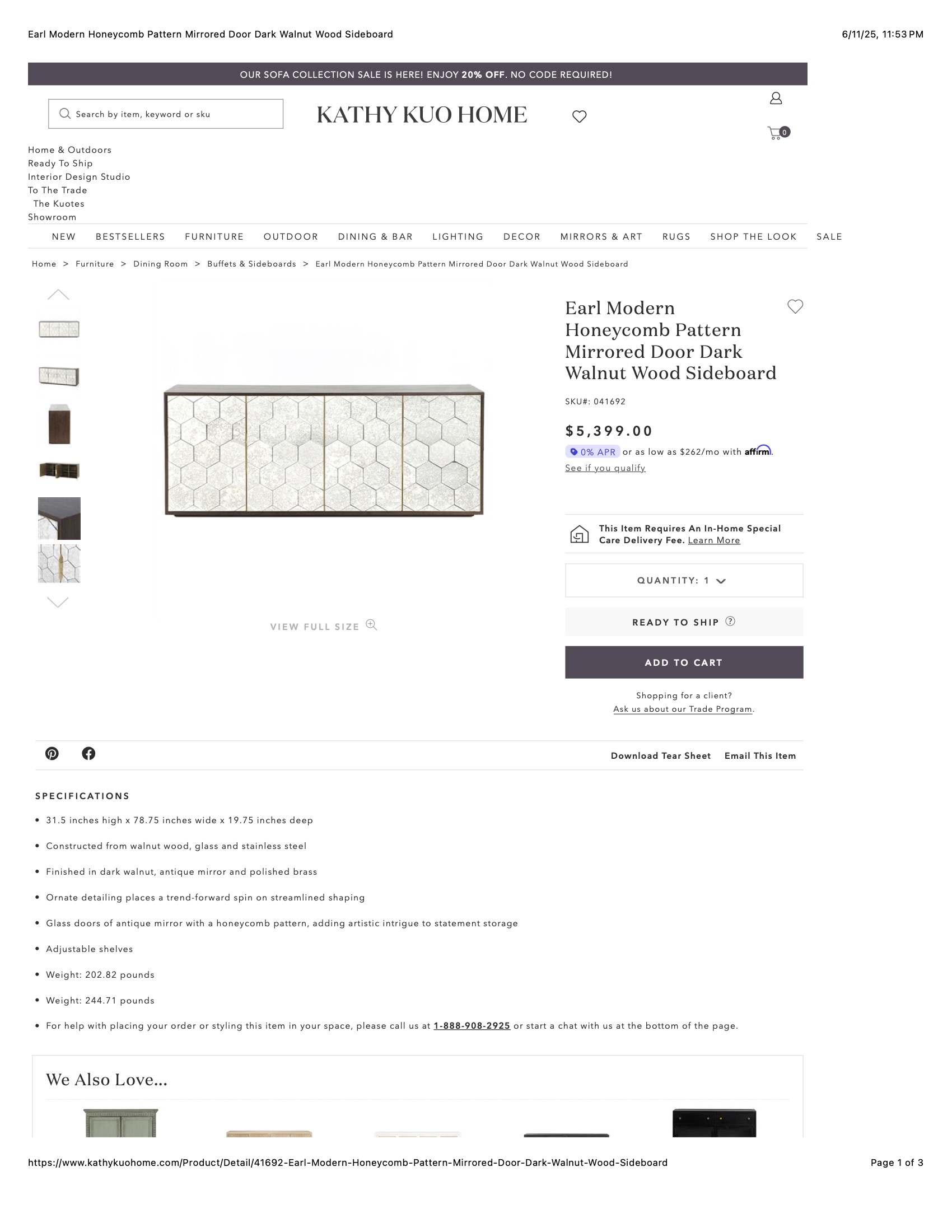 Earl Modern Honeycomb Pattern Mirrored Door Dark Walnut Wood Sideboard