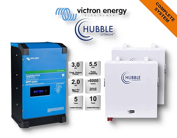 3.0 kW VICTRON EasySolar - HUBBLE Lithium Combo, c/w 2 x 2.7 kWh,  24V Lithium Batteries