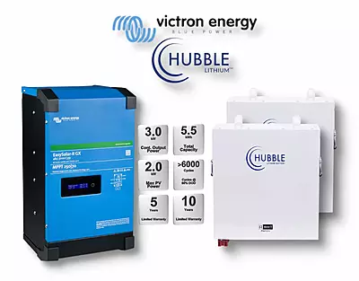 3.0 kW VICTRON EasySolar - HUBBLE Lithium Combo, c/w 2 x 2.7 kWh,  24V Lithium Batteries