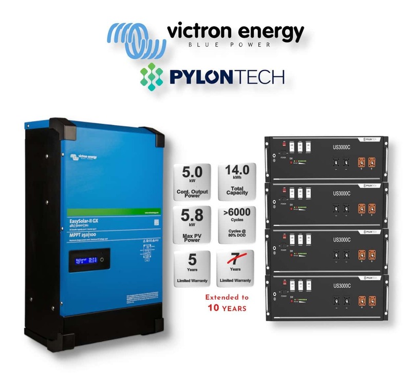 5.0 kW VICTRON EasySolar - PYLONTECH Combo, c/w 4x 3.5 kWh Lithium Batteries 5.0 kW VICTRON EasySolar - PYLONTECH Combo, c/w 4x 3.5 kWh Lithium Batteries