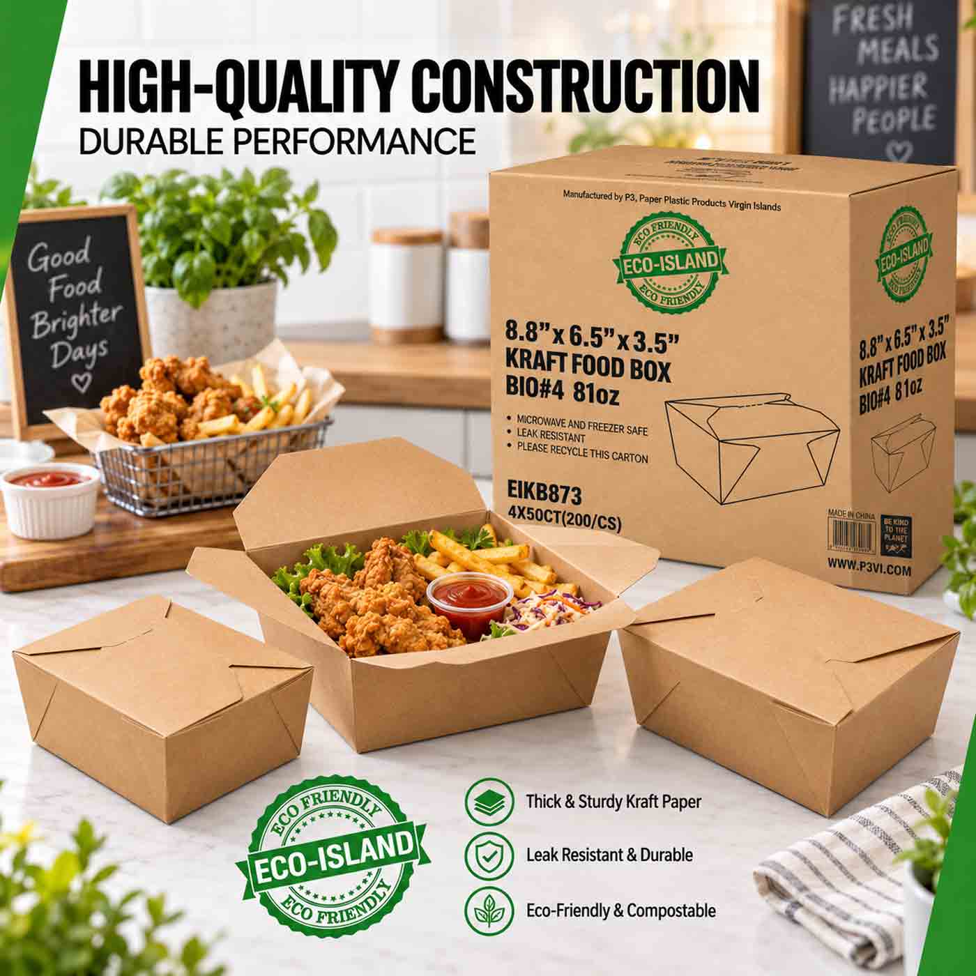 Eco-Island Kraft Food Box 8.8" x 6.5" x 3.5" BIO#4 81oz 4/50