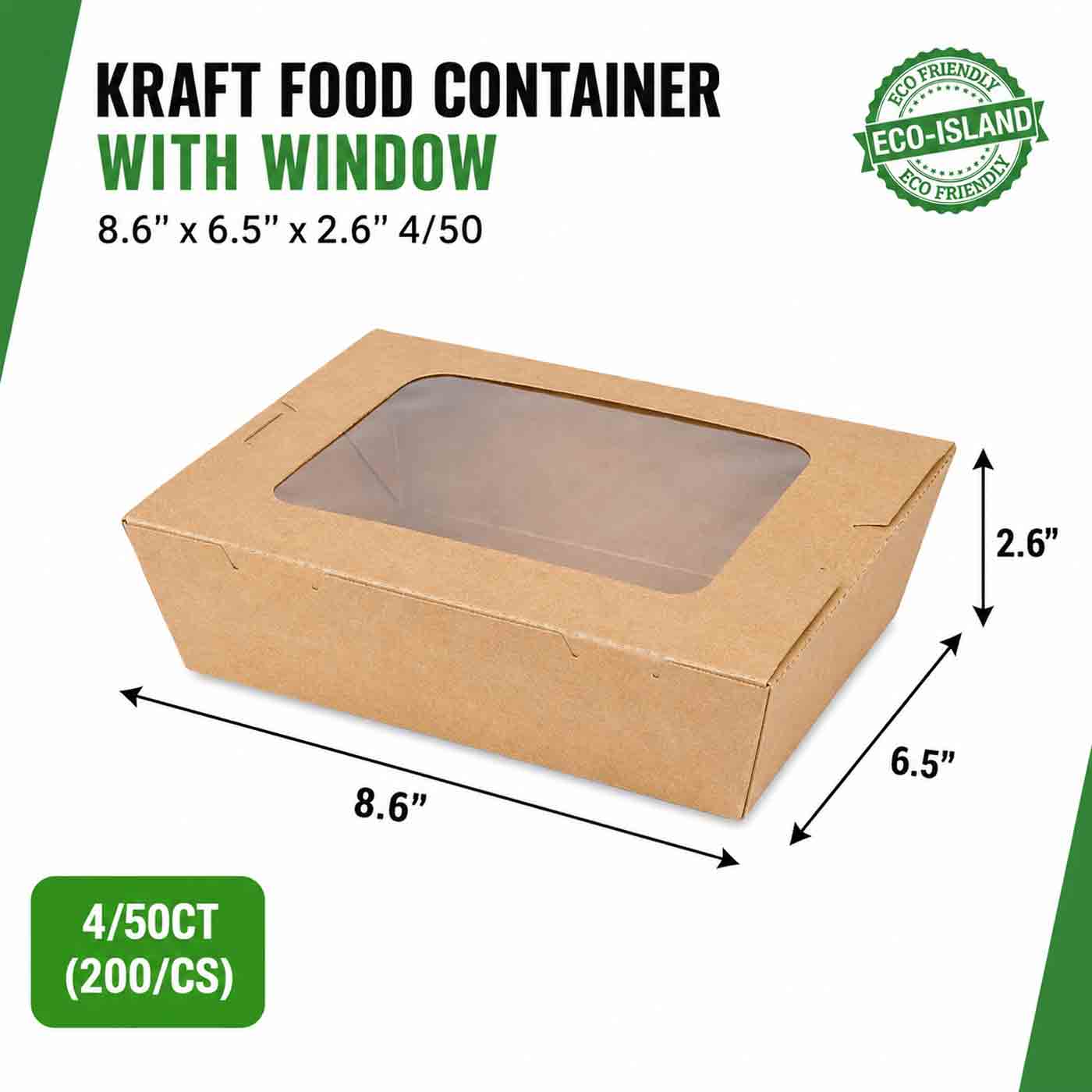 Kraft Food Container with window 8.6" x 6.5" x 2.5" 4/50
