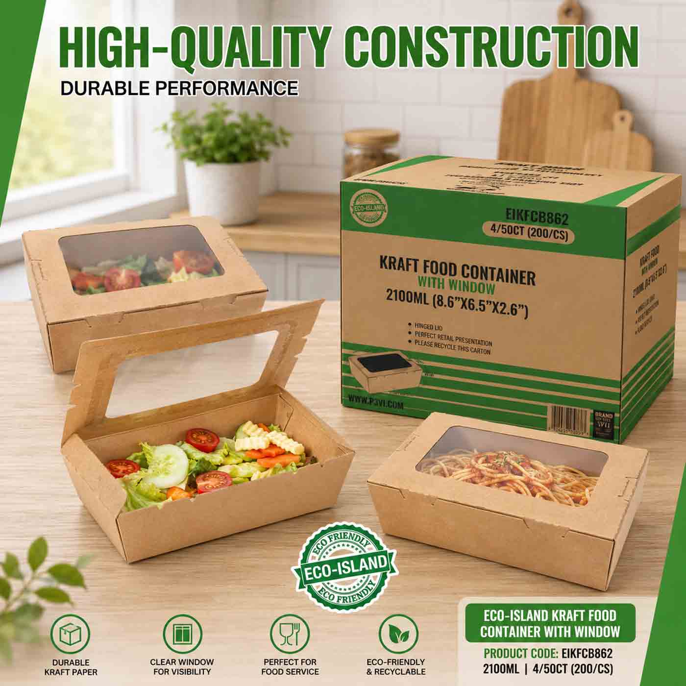 Kraft Food Container with window 8.6" x 6.5" x 2.5" 4/50