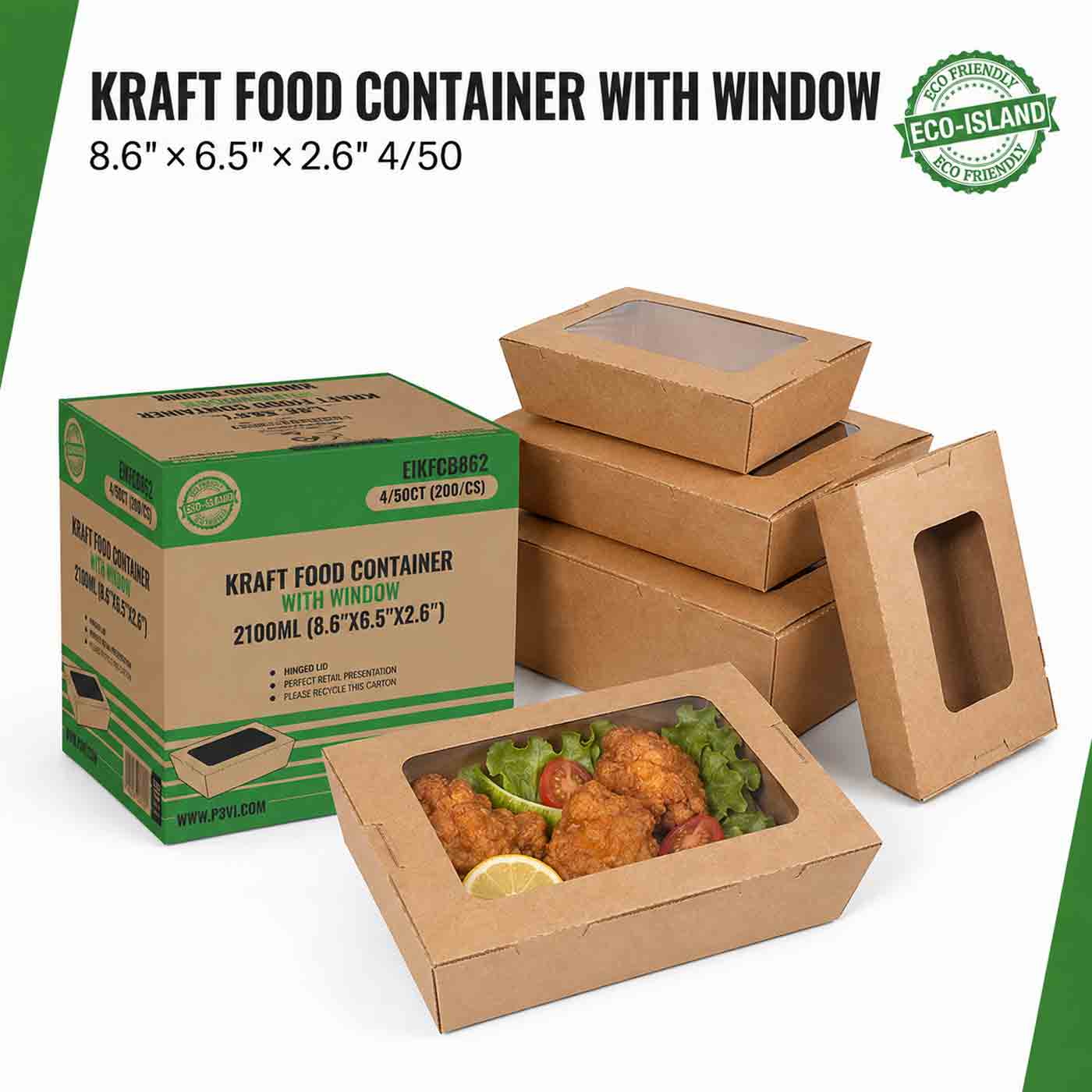 Kraft Food Container with window 8.6" x 6.5" x 2.5" 4/50