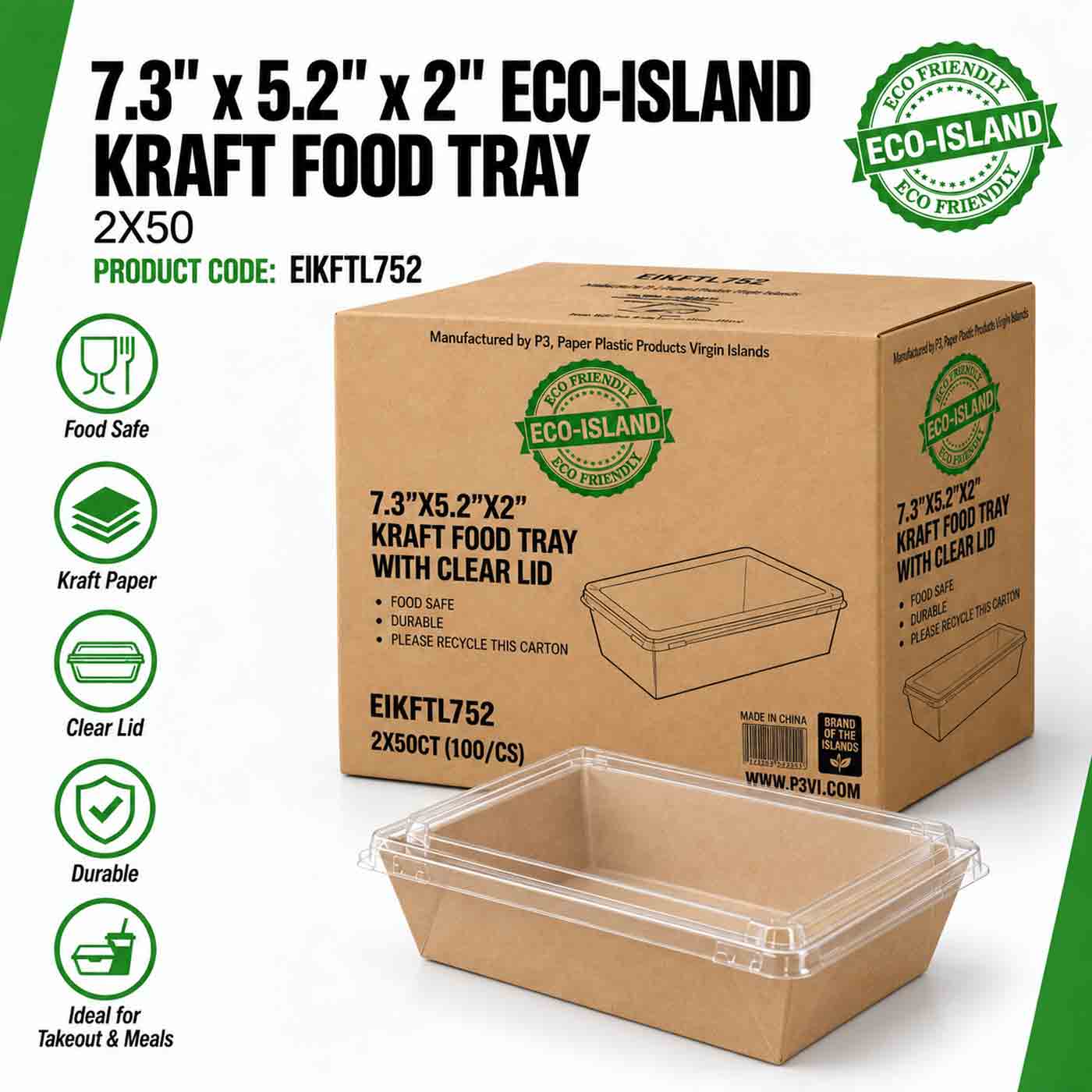 Eco-Island Kraft Food Tray 7.3" x 5.2" x 2" with clear lids 2/50