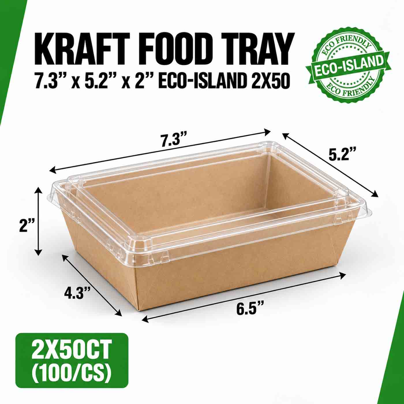 Eco-Island Kraft Food Tray 7.3" x 5.2" x 2" with clear lids 2/50