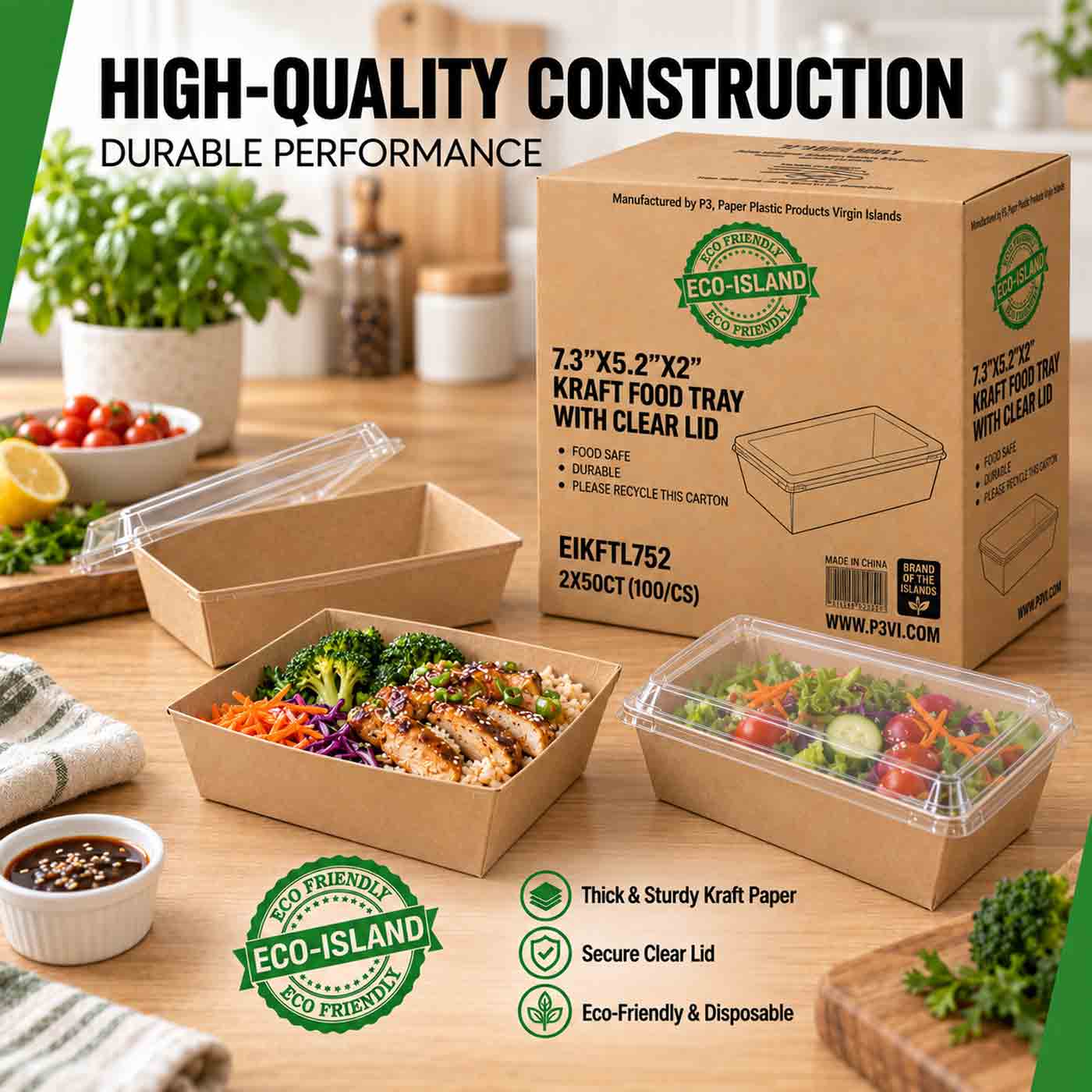 Eco-Island Kraft Food Tray 7.3" x 5.2" x 2" with clear lids 2/50