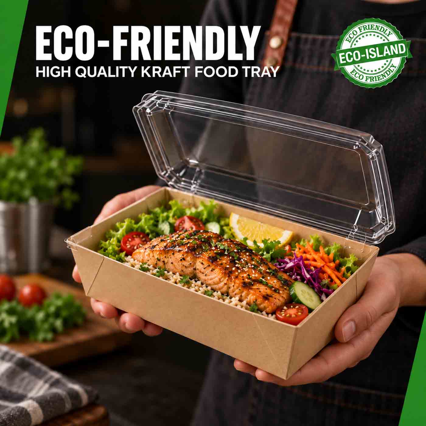 Eco-Island Kraft Food Tray 7.3" x 5.2" x 2" with clear lids 2/50