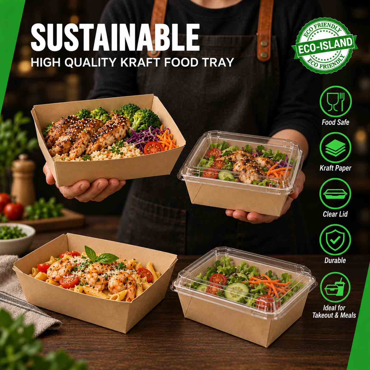 Eco-Island Kraft Food Tray 7.3" x 5.2" x 2" with clear lids 2/50