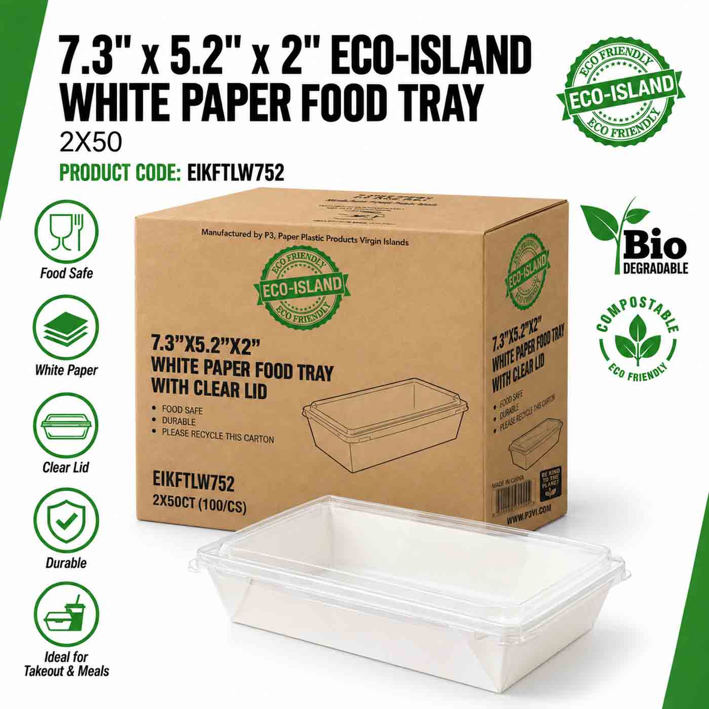Eco-Island Kraft Food Tray 7.3" x 5.2" x 2" with clear lids White 2/50