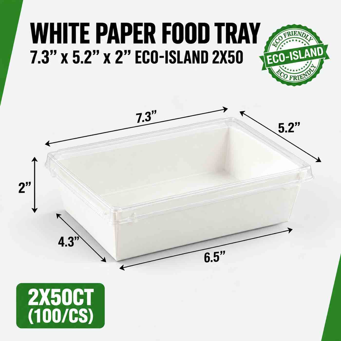 Eco-Island Kraft Food Tray 7.3" x 5.2" x 2" with clear lids White 2/50
