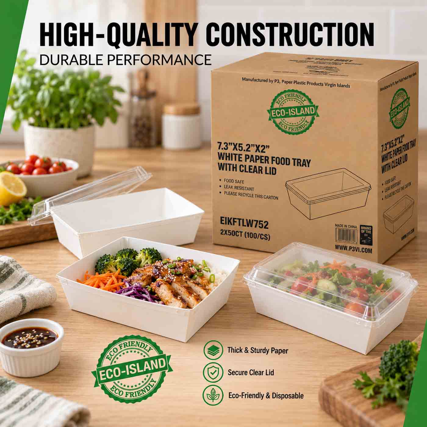 Eco-Island Kraft Food Tray 7.3" x 5.2" x 2" with clear lids White 2/50