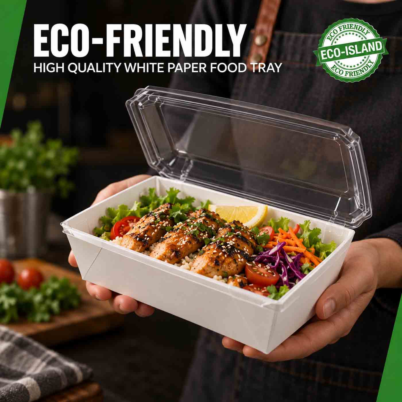 Eco-Island Kraft Food Tray 7.3" x 5.2" x 2" with clear lids White 2/50