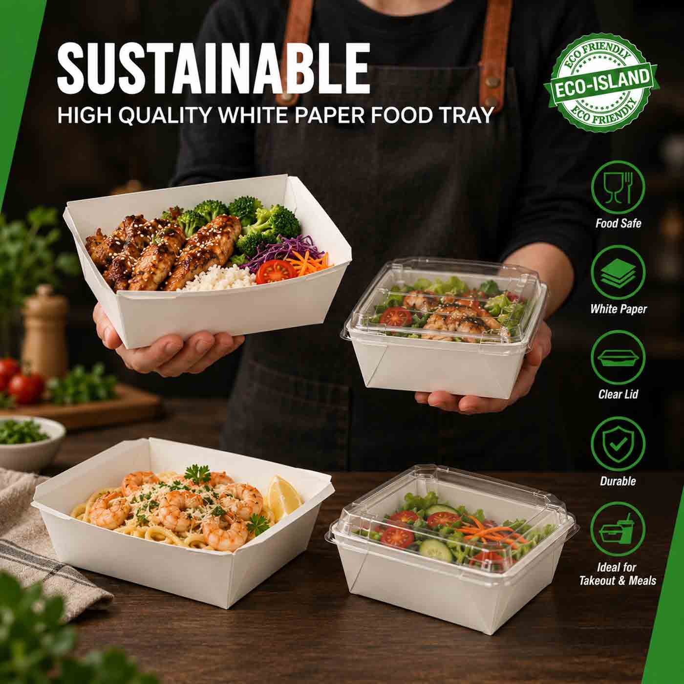 Eco-Island Kraft Food Tray 7.3" x 5.2" x 2" with clear lids White 2/50