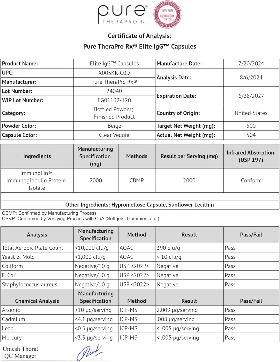 ELITE IgG 120 cap. PURE THERA PRO RX