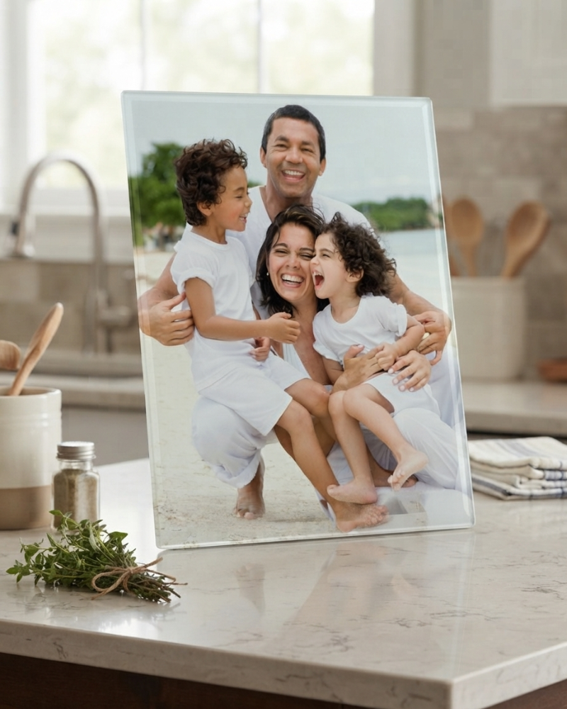 Elite Collection Cutting Board featuring a family photo, displayed on a kitchen countertop.