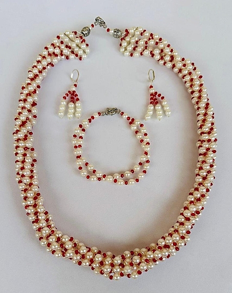 Ensemble Collier, Bracelet et Boucles d’Oreilles – Perles Rouge & Blanc