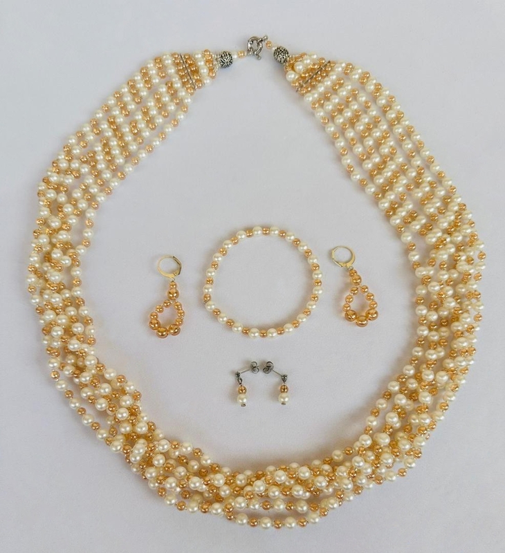 Ensemble Collier, Bracelet et Boucles d’Oreilles – Perles Jaune & Blanc
