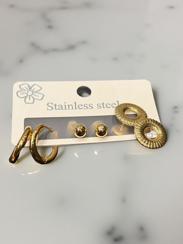 Everyday Versatile Gold-Tone Earring Trio (Hoops, Studs, Drops)