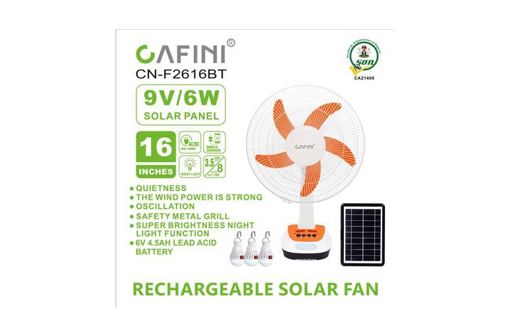 CAFINI 16INCHES RECHARGEABLE SOLAR FAN + 2 LED BULBS (CN-F2616BT)