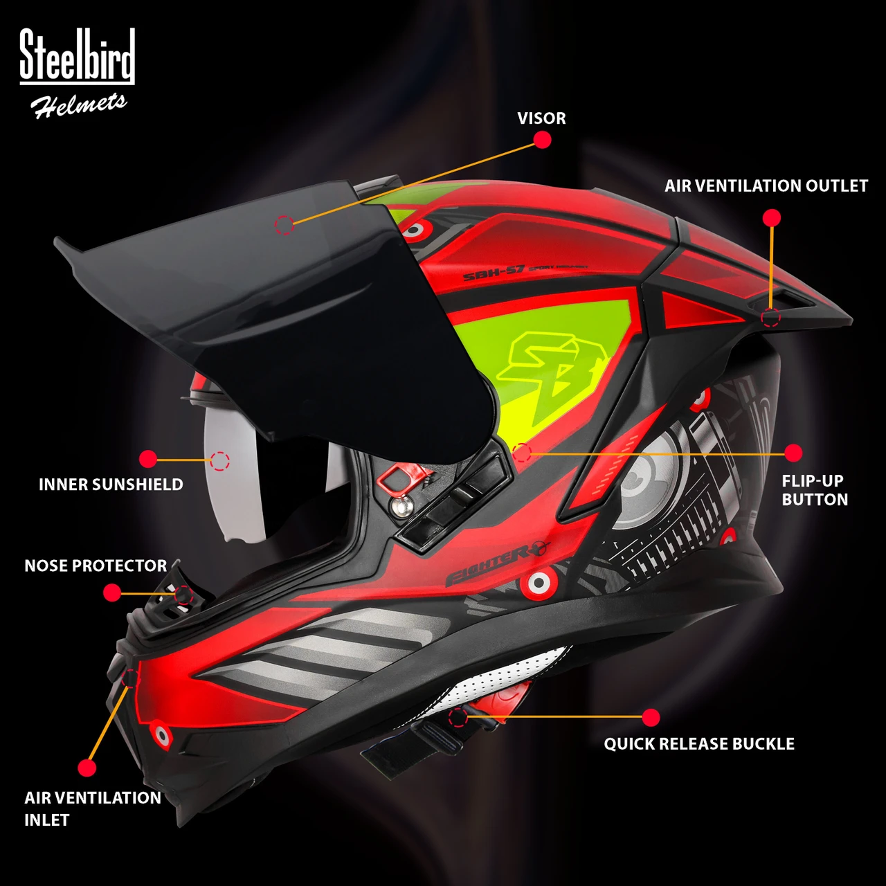 STEELBIRD SBH-57 ISS FIGHTER F8 GLOSSY BLACK/RED C/V 600MM WITH EXTRA SMOKE VISOR STEELBIRD SBH-57 ISS FIGHTER F8 GLOSSY BLACK/RED C/V 600MM WITH EXTRA SMOKE VISOR