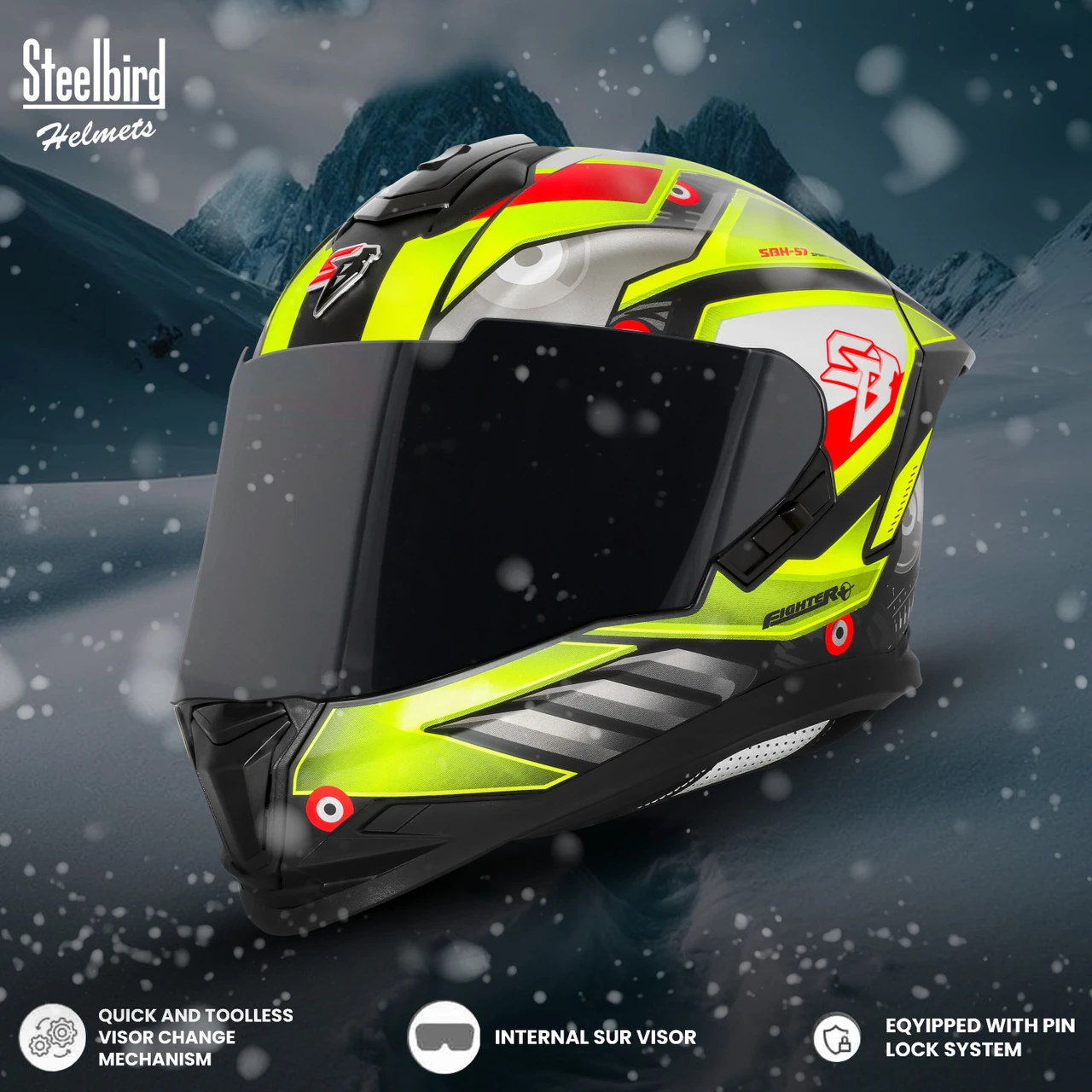 STEELBIRD SBH-57 ISS FIGHTER F8 GLOSSY BLACK/NEON C/V 600MM WITH EXTRA SMOKE VISOR STEELBIRD SBH-57 ISS FIGHTER F8 GLOSSY BLACK/NEON C/V 600MM WITH EXTRA SMOKE VISOR