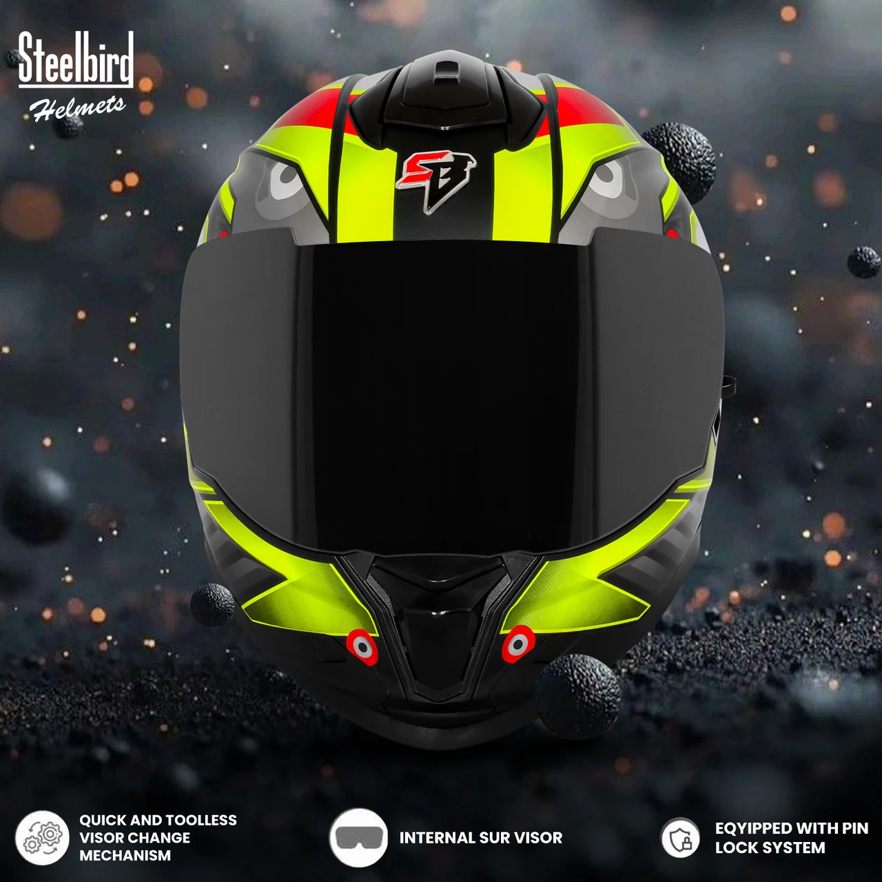 STEELBIRD SBH-57 ISS FIGHTER F8 GLOSSY BLACK/NEON C/V 600MM WITH EXTRA SMOKE VISOR STEELBIRD SBH-57 ISS FIGHTER F8 GLOSSY BLACK/NEON C/V 600MM WITH EXTRA SMOKE VISOR