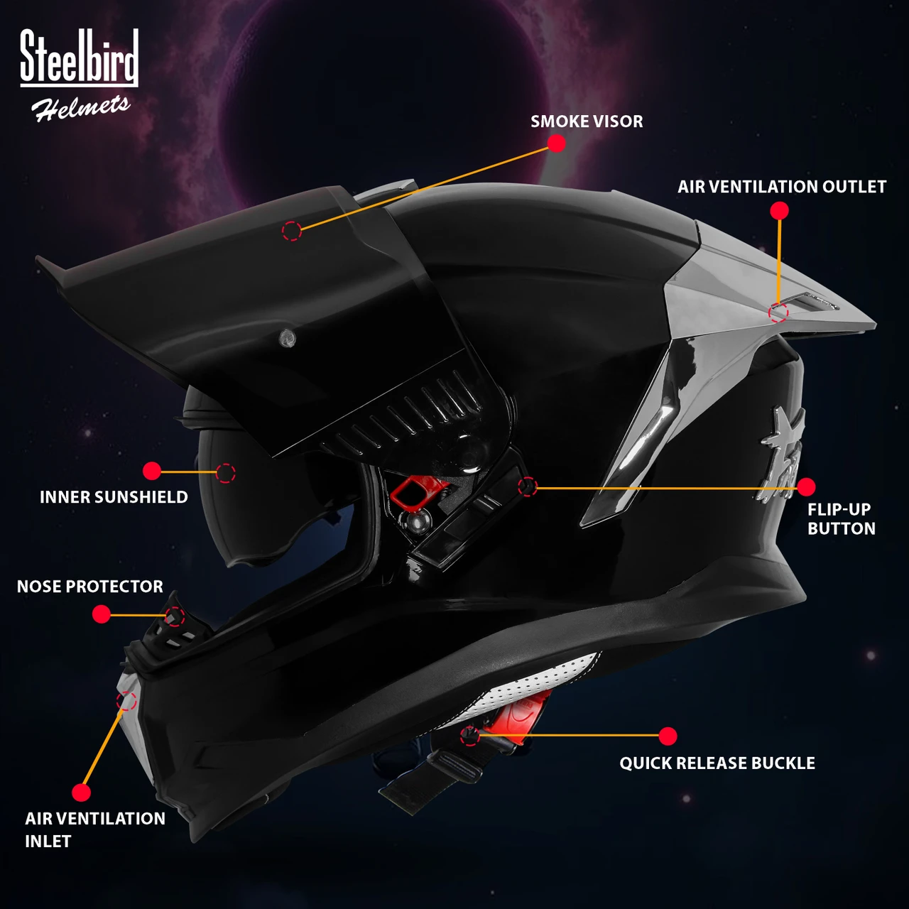 STEELBIRD SBH-57 ISS FIGHTER F9 GLOSSY BLACK C/V 620MM WITH EXTRA SILVER CHROME VISOR STEELBIRD SBH-57 ISS FIGHTER F9 GLOSSY BLACK C/V 620MM WITH EXTRA SILVER CHROME VISOR