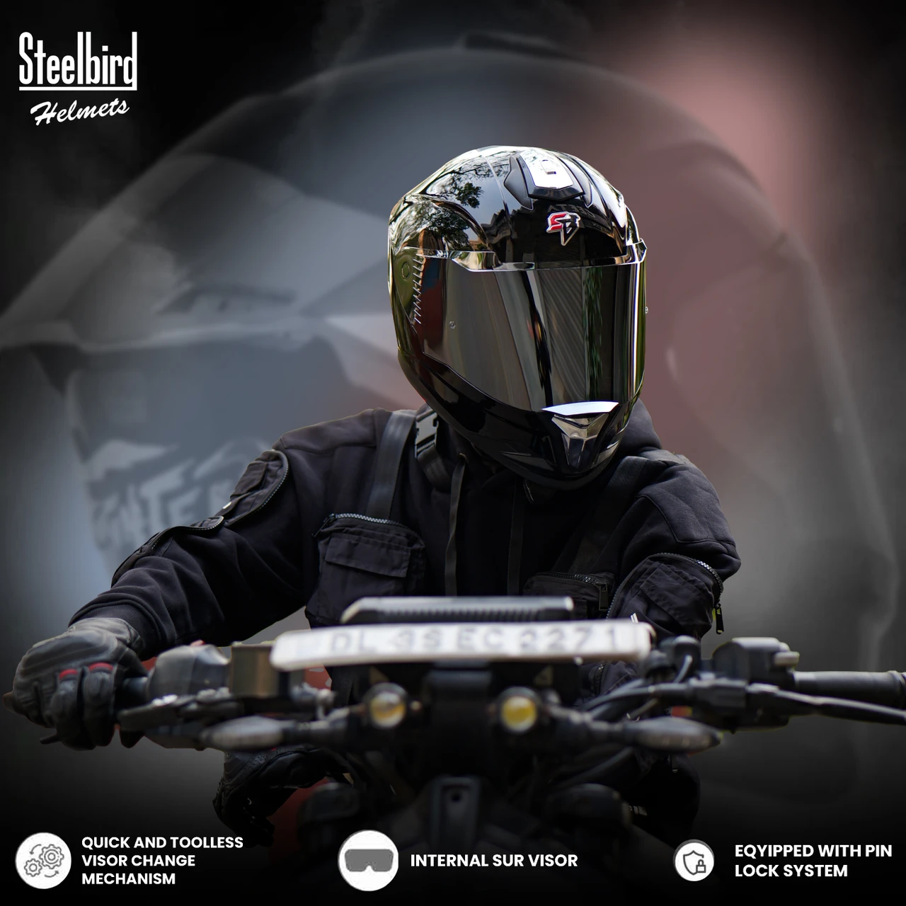 STEELBIRD SBH-57 ISS FIGHTER F9 GLOSSY BLACK C/V 620MM WITH EXTRA SILVER CHROME VISOR STEELBIRD SBH-57 ISS FIGHTER F9 GLOSSY BLACK C/V 620MM WITH EXTRA SILVER CHROME VISOR