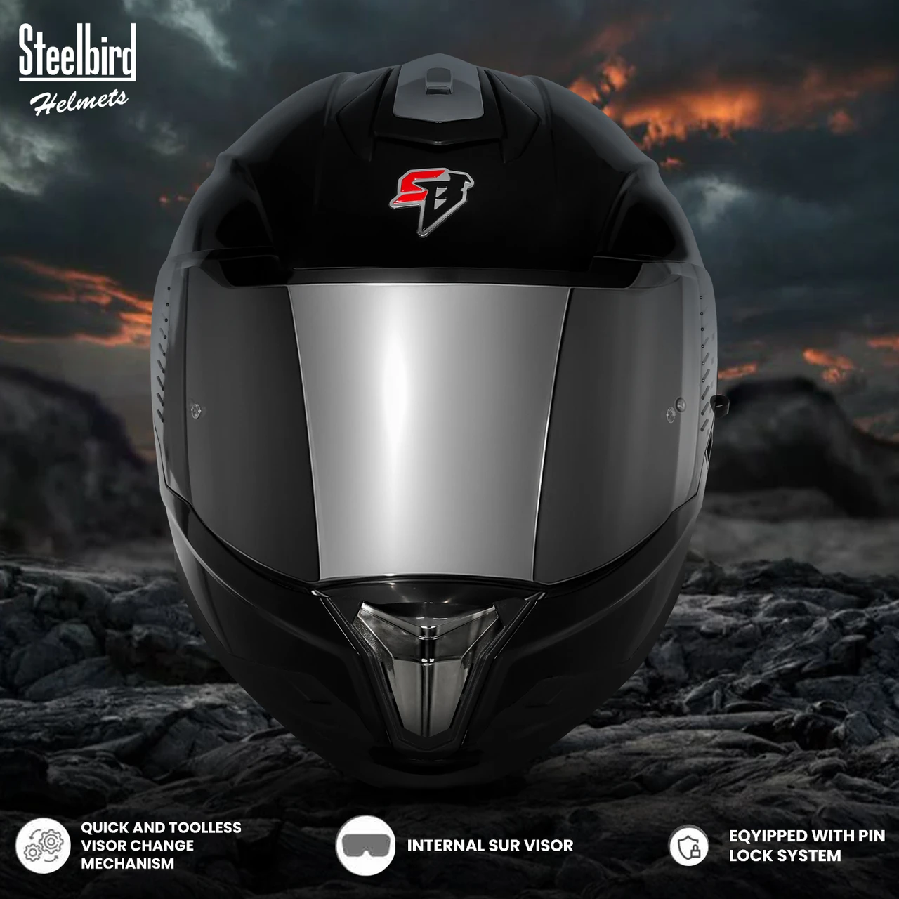 STEELBIRD SBH-57 ISS FIGHTER F9 GLOSSY BLACK C/V 620MM WITH EXTRA SILVER CHROME VISOR STEELBIRD SBH-57 ISS FIGHTER F9 GLOSSY BLACK C/V 620MM WITH EXTRA SILVER CHROME VISOR