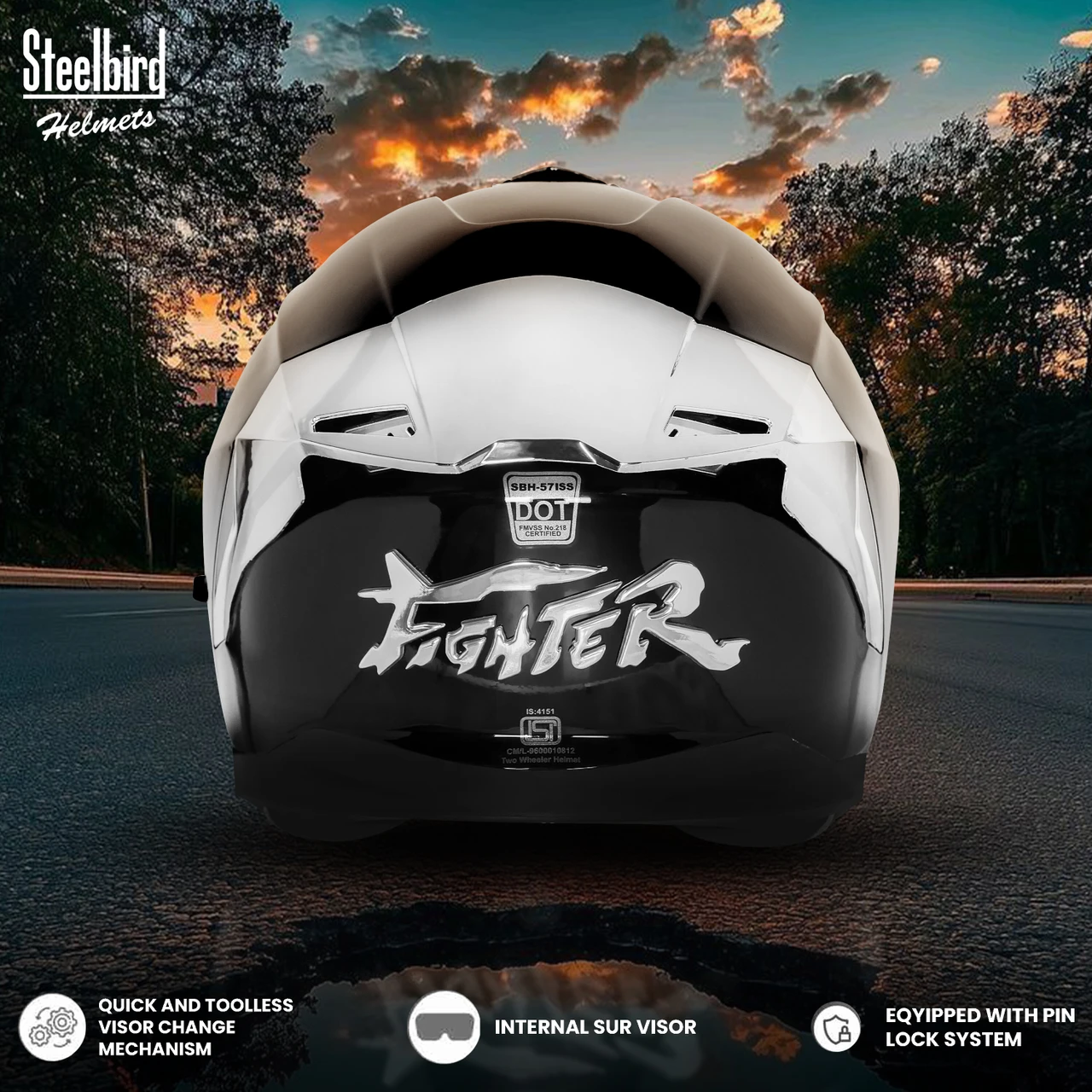 STEELBIRD SBH-57 ISS FIGHTER F9 GLOSSY BLACK C/V 620MM WITH EXTRA SILVER CHROME VISOR STEELBIRD SBH-57 ISS FIGHTER F9 GLOSSY BLACK C/V 620MM WITH EXTRA SILVER CHROME VISOR