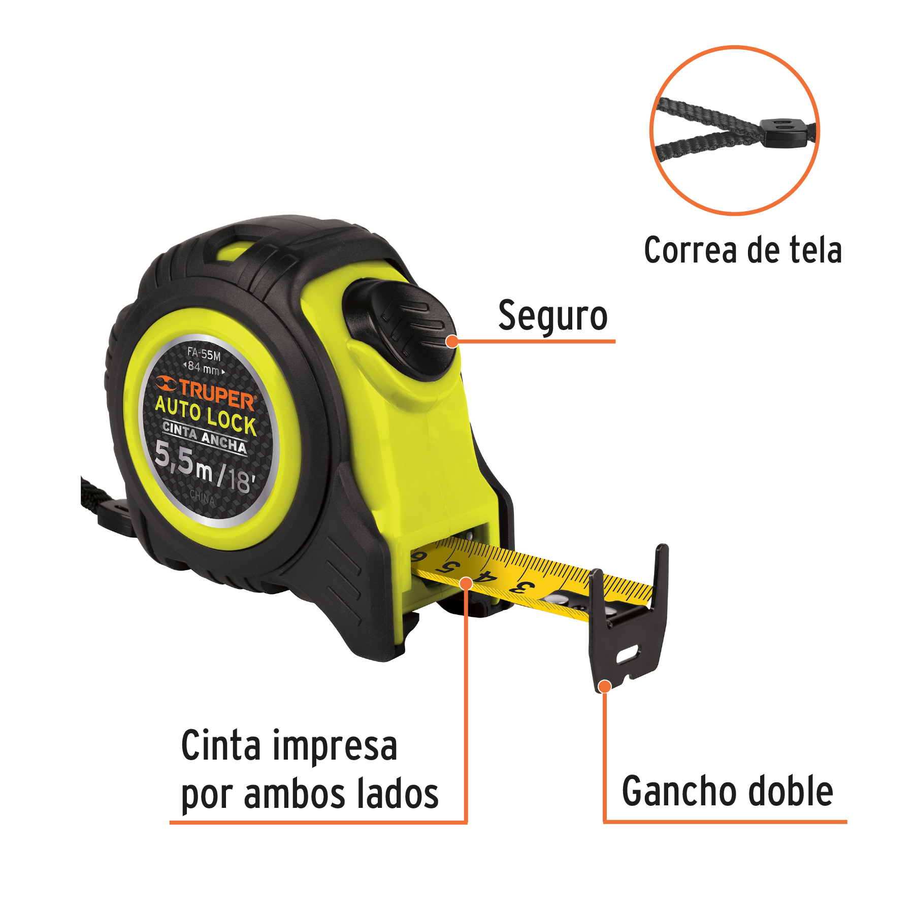 Flexómetro Auto Lock, 5.5 m, cinta 25 mm - FA-55M / 10748