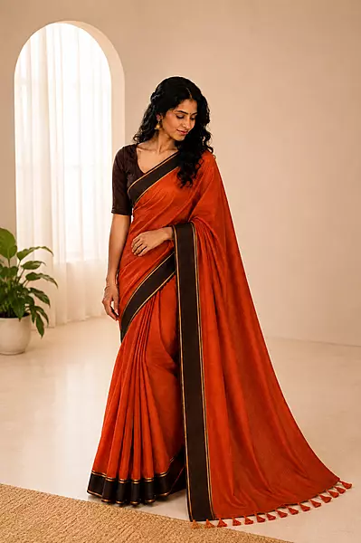 Mul cotton without blouse orange with brown