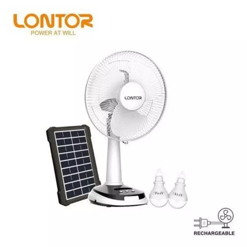 LONTOR 14INCHES RECHARGEABLE SOLAR FAN + 2 LED BULBS